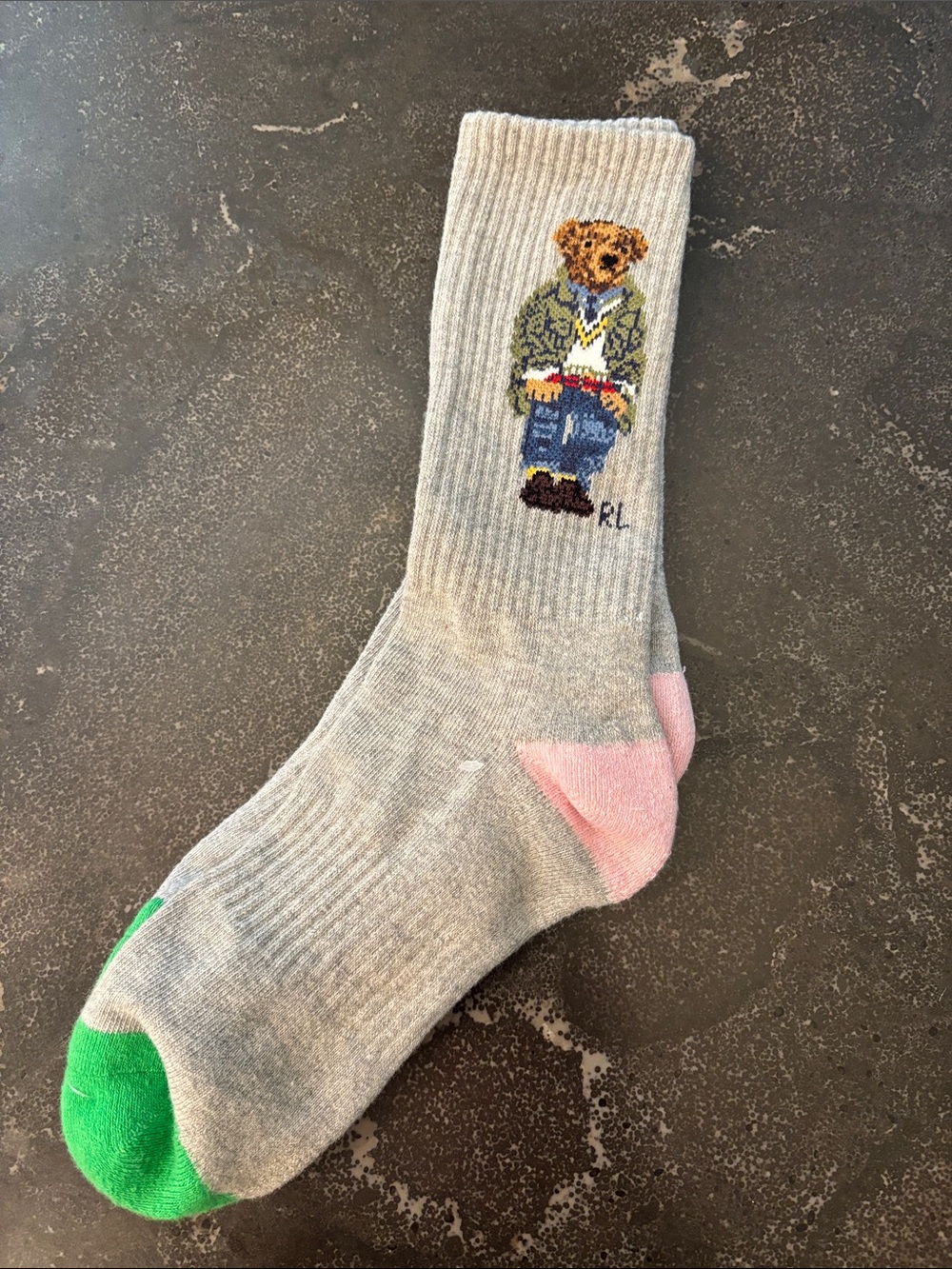 Polo by Ralph Lauren Grey Crew Socks with Bear Motif and Pink/Green Accents Cute